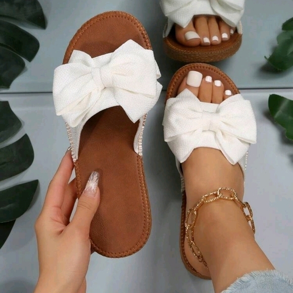 Shoes - Preppy Slide Sandals For Women, Bow Decor Single Band Flat Sandals